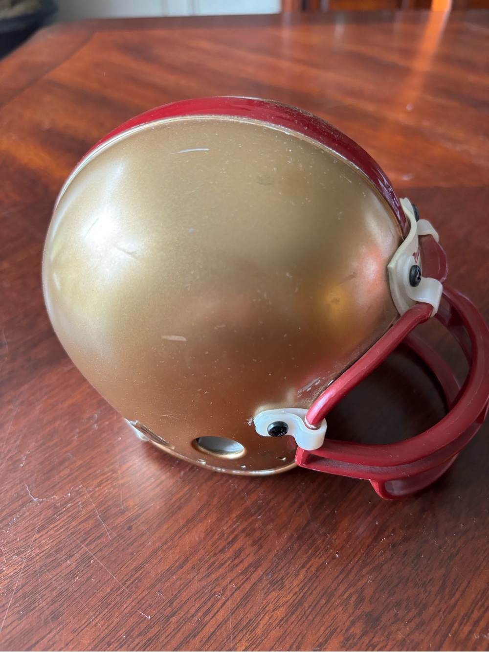 Vintage Gold Mini Football Helmet with Red Facemask